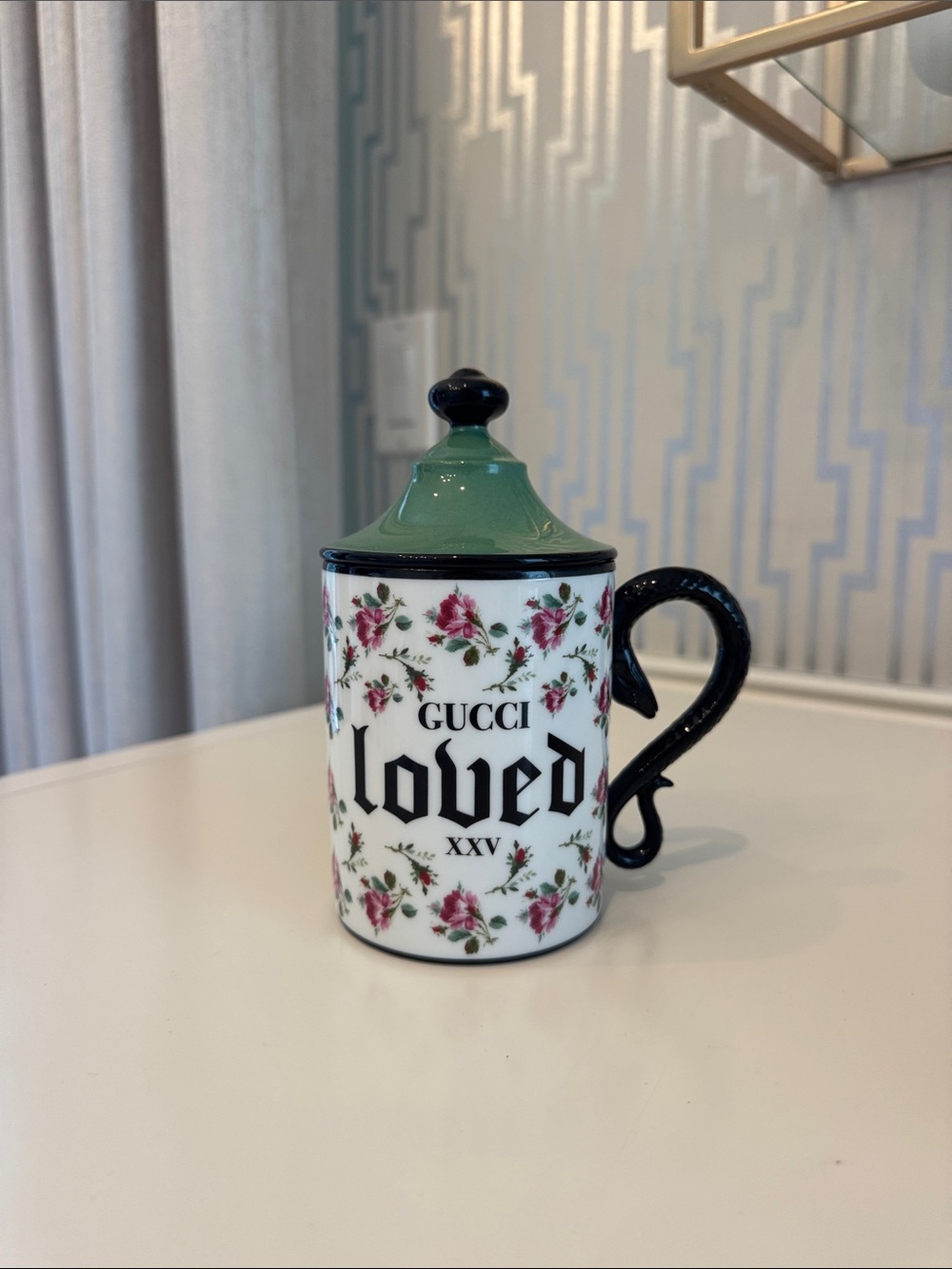 Gucci Floral 'Loved' Lidded Mug in White, Green & Black